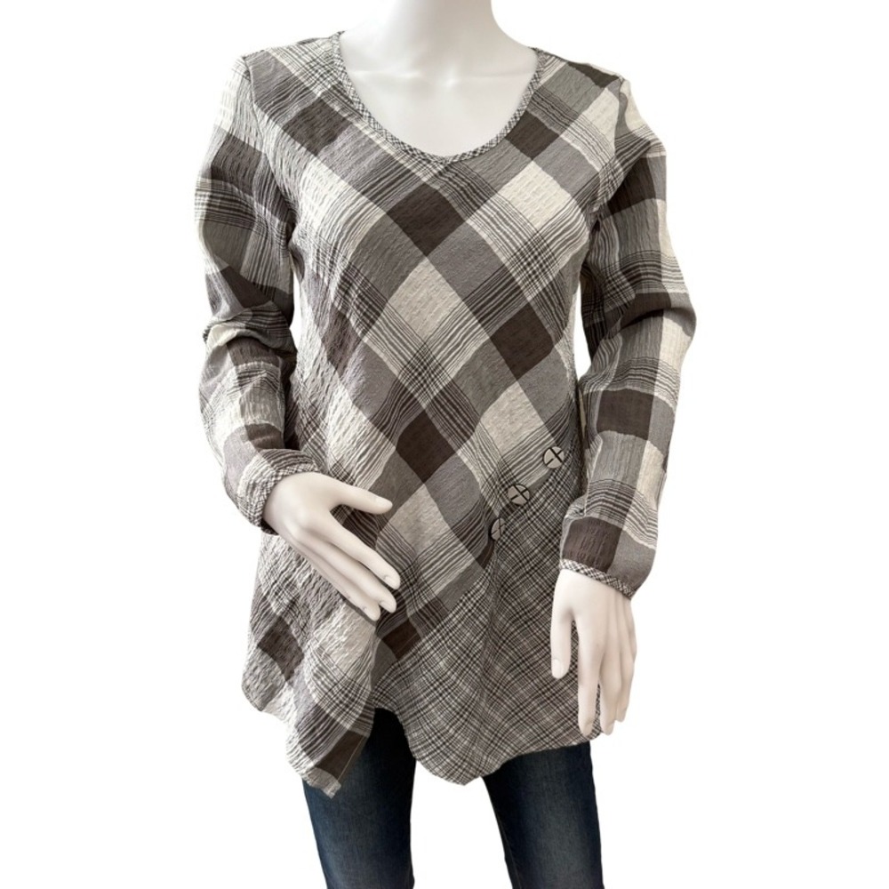 HABITAT Plaid Tunic Crinkle Top Gray White‎ Long Sleeve V Neck Button Detail XS